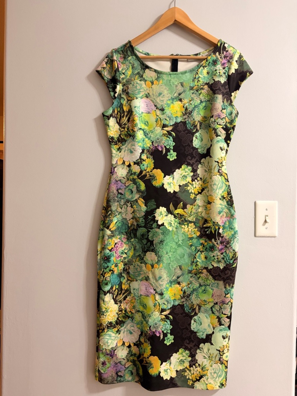 New York & Company Black Floral Midi Dress with Green Accents